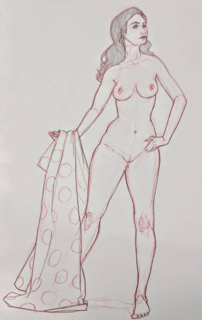 Pencil and red chalk drawing of a standing nude woman holding a large polka-dot draped cloth, facing slightly right.