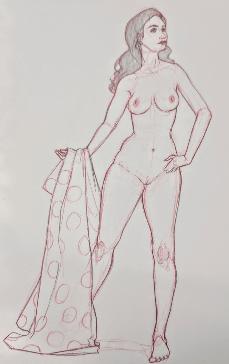 Pencil and red chalk drawing of a standing nude woman holding a large polka-dot draped cloth, facing slightly right.