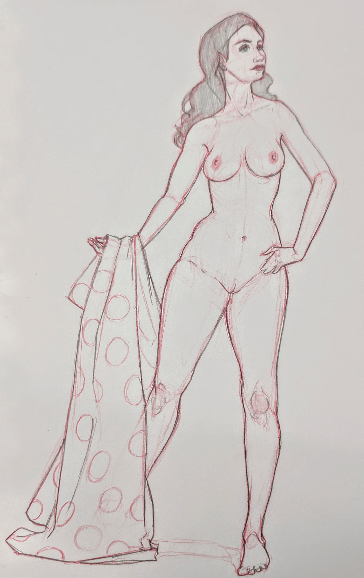Pencil and red chalk drawing of a standing nude woman holding a large polka-dot draped cloth, facing slightly right.
